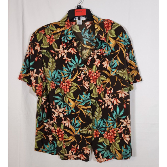 Judith Hart 20W $50 Brown Teal Green Pink Tropical Floral Short Sleeve Blouse - Picture 1 of 9